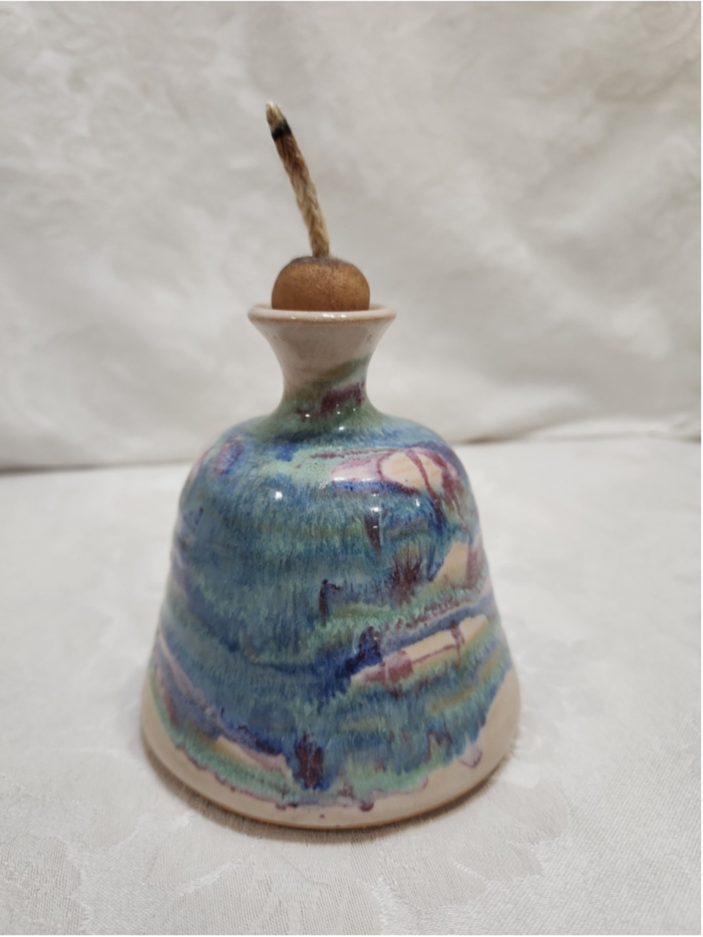 Hand Made Pottery Oil Lamp Signed, Blue, Lavendar, EUC